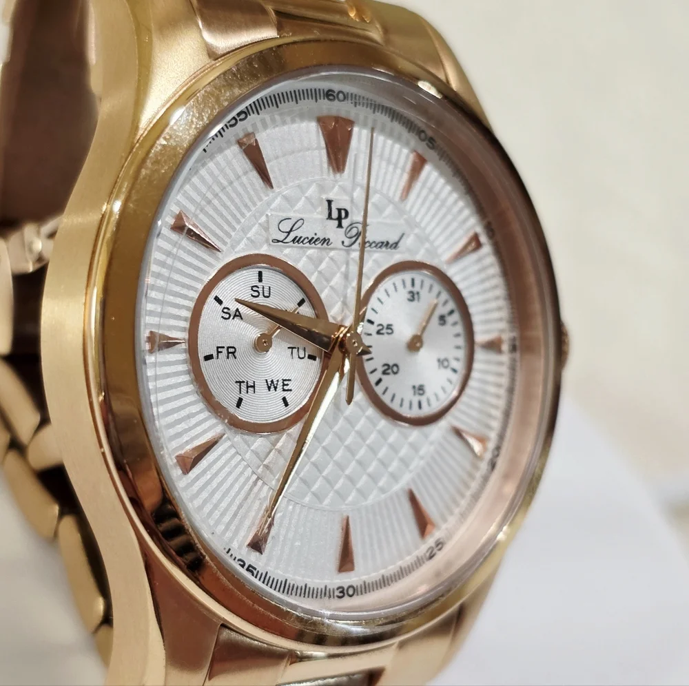Lucien Piccard STELLAR Men's Wrist Watch Day Date Sub-Dials Rose Gold Pink